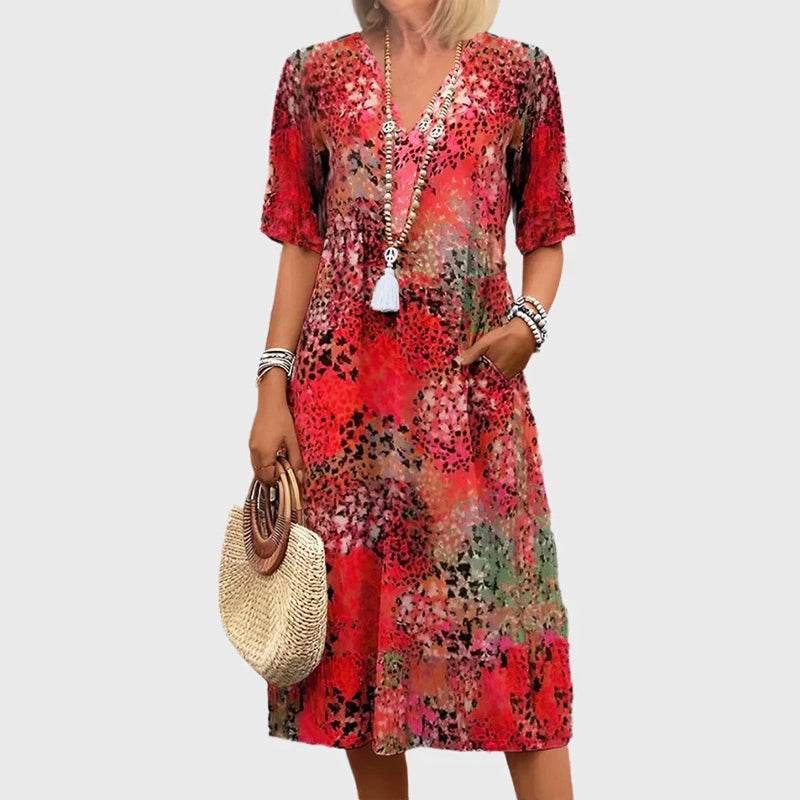 Emie Daly Patterned Midi Dress with V-Neck