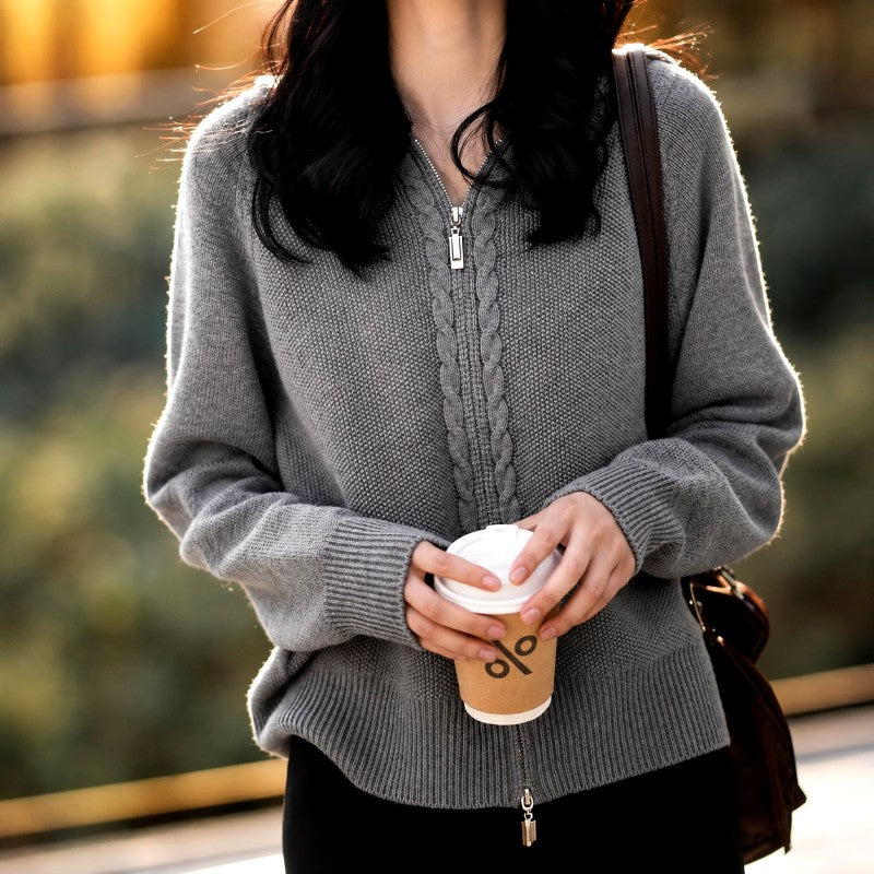 Kimberly - Women's Cable Trim Full-Zip Knit Cardigan