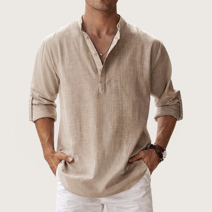 Liam - Men's Long Sleeve Henley Shirt with Roll-Up Sleeves