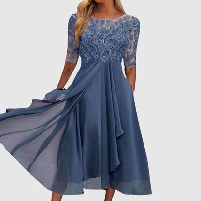 Malin Tassou Midi Lace Dress with Sheer Sleeves