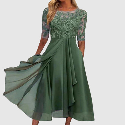 Malin Tassou Midi Lace Dress with Sheer Sleeves