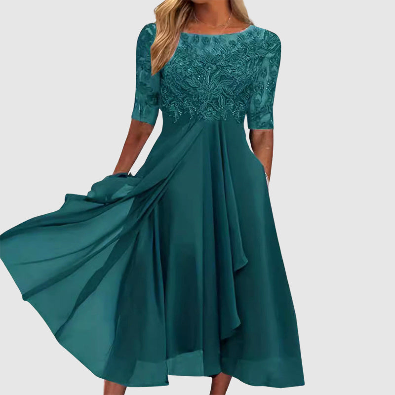 Malin Tassou Midi Lace Dress with Sheer Sleeves