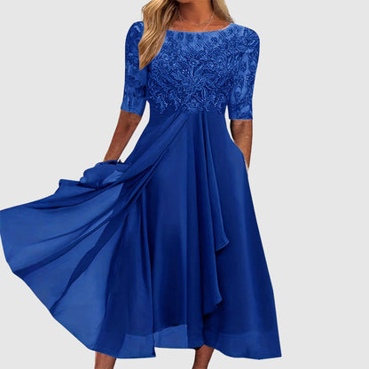 Malin Tassou Midi Lace Dress with Sheer Sleeves