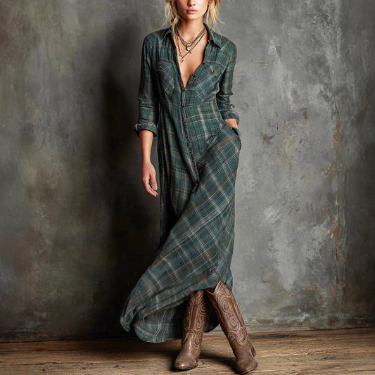 Malin Tassou Plaid Maxi Dress with Button Front