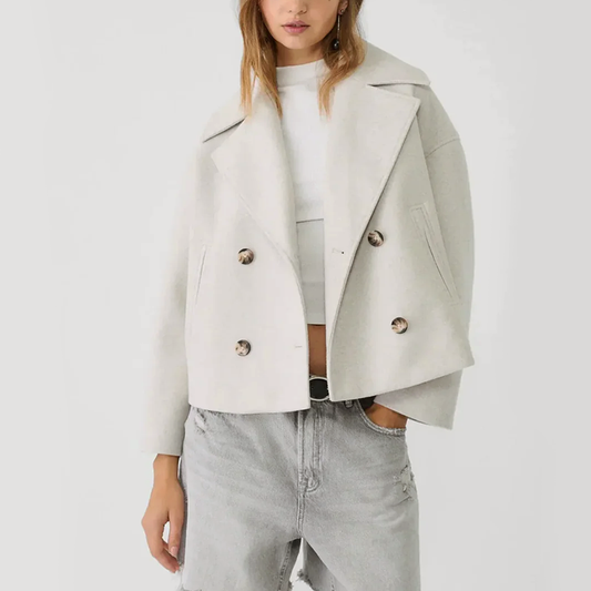 Women’s Cropped Double-Breasted Coat with Lapel Collar