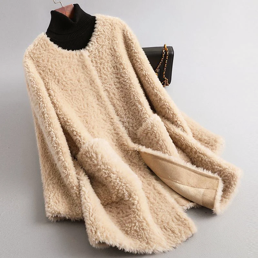 Women’s Faux Shearling Mid-Length Coat with Round Neckline