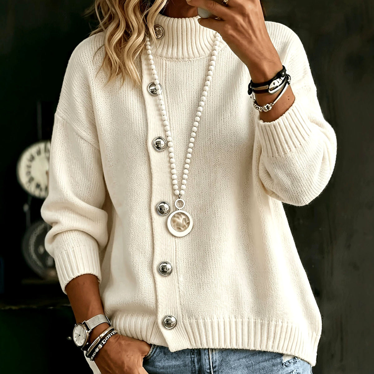 Adelle - Women's High Neck Asymmetric Loose Sweater 2
