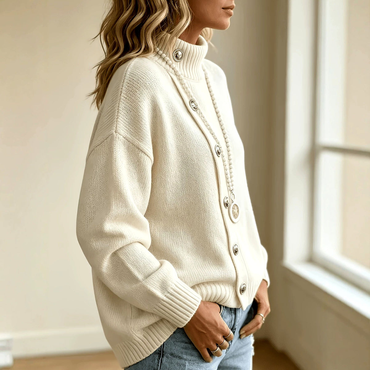 Adelle - Women's High Neck Asymmetric Loose Sweater 4