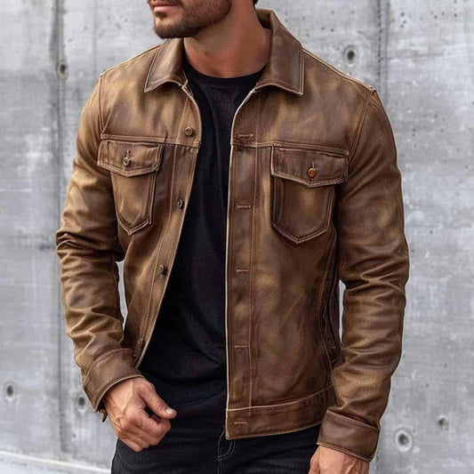 Ander - Men's Distressed Leather Button-Front Shirt Jacket