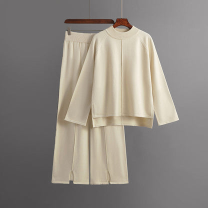 Co-ord Knit Set for Women with Asymmetrical Sweater and Wide-Leg Pants