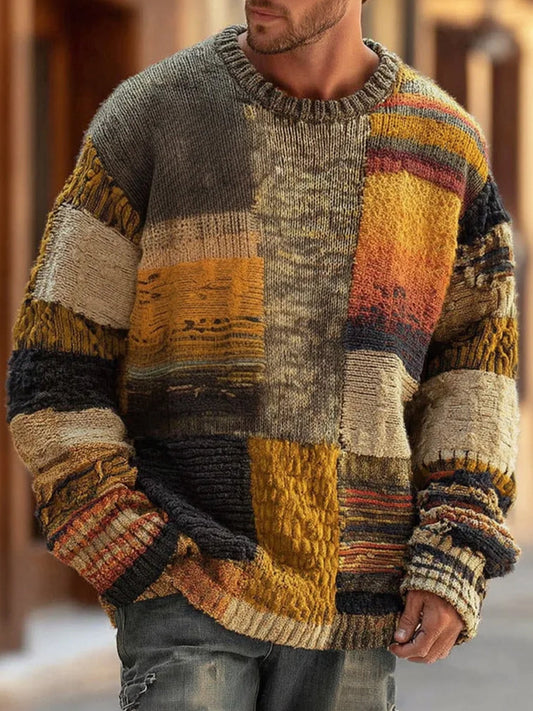 Franco - Men's Patchwork Color-Block Crewneck Sweater
