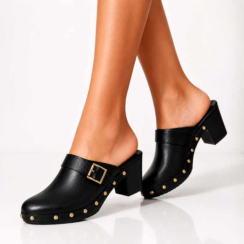 Liora - Women's Studded Leather Clogs with Block Heel
