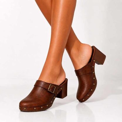 Liora - Women's Studded Leather Clogs with Block Heel