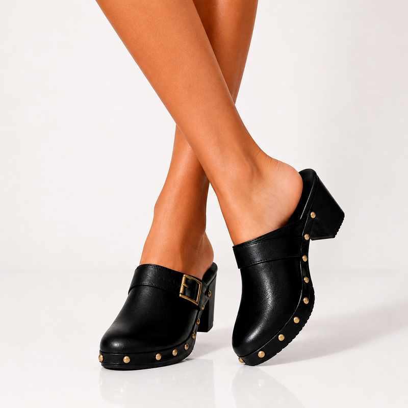 Liora - Women's Studded Leather Clogs with Block Heel
