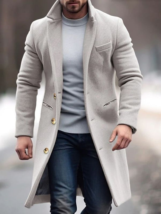 Neithan - Men's Wool Blend Tailored Overcoat with Gold Button Closure