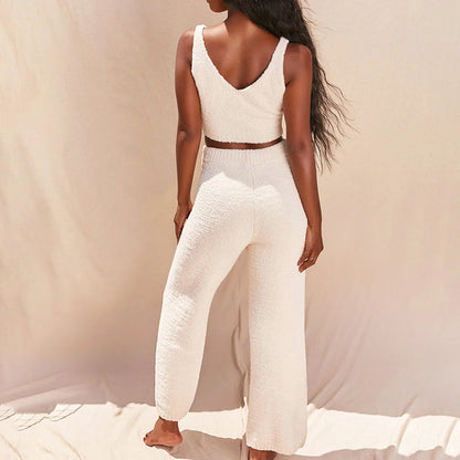 Women’s 2-Piece Plush Loungewear Set with Cropped Tank Top and Pants