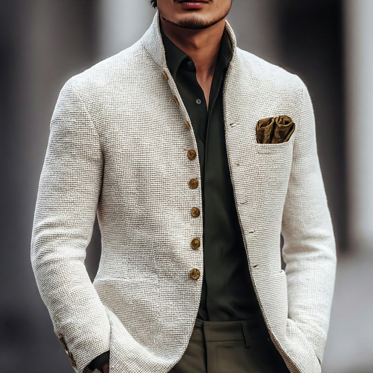 Zander - Men's Waffle-Knit Cardigan with Contrast Chest Pocket